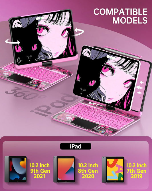 Intermerge for iPad 9th 10.2 inch Keyboard Case, 360° Transparent Multi-Touch Trackpad, 7-Color Backlit Keyboard, Pencil Holder, Type-C, Power Indicator for 9th/ 8th/ 7th - Blush Pulse