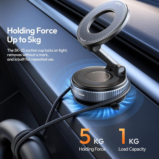ULANZI SK-25 Car Phone Holder for Magsafe, Vacuum Suction Cup Magnetic Phone Mount, 360° Adjustable Phone MagMount for Car/Ceramic Tile/Gym/Mirror, Load up to 1kg, Magnetic Force ≥14N(Black)