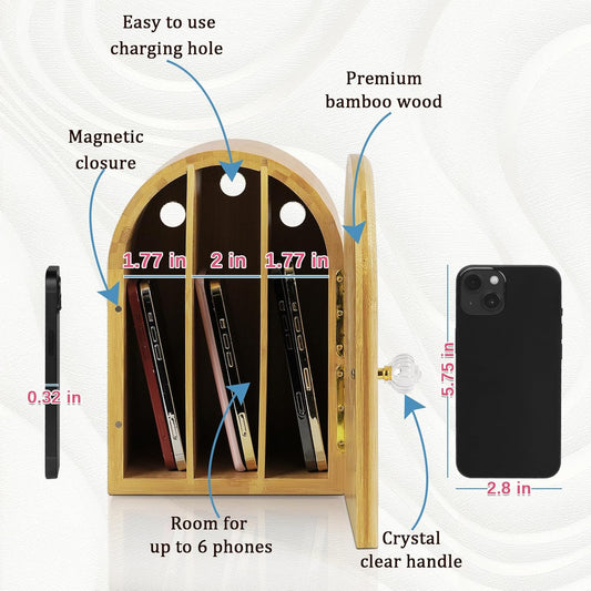 Phone Box for Family Time, Bamboo Cell Phone Jail, 3 Sections Hold 6 Phones, with Charging Holes, Phone Holder Self-Discipline Box, Help Kids Adults Focus Back, Mobile Phone Addiction (Wood)