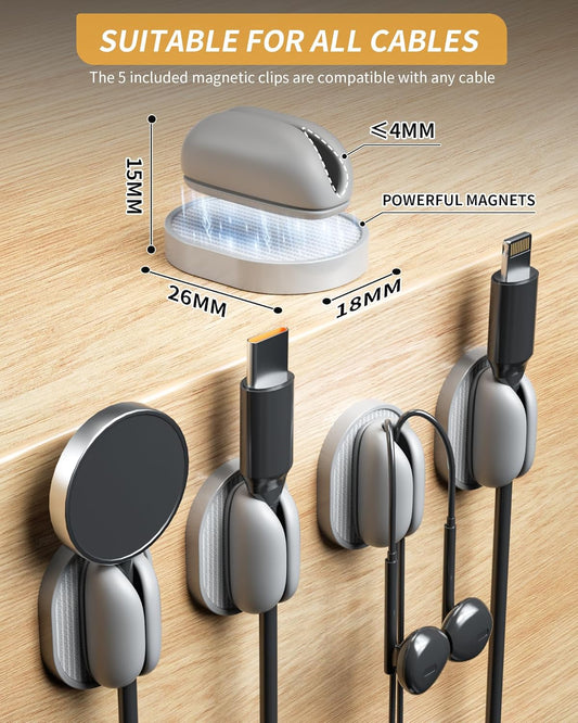 6 Pack Magnetic Cable Clips, Adjustable Cord Holder for Under Desk Cable Management, Adhesive Charger Wire Organizer Keeper for Home Office Desk Phone Car Wall Desktop Nightstand (Gray)