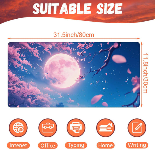 Large Gaming Mouse Pad for Desk, Falling Cherry Blossoms Desk Mat, Bright Full Moon Desk Pad, 31.5"x15.7" Extended Big Computer Keyboard Mouse Pad with Non-Slip Base and Stitched Edge