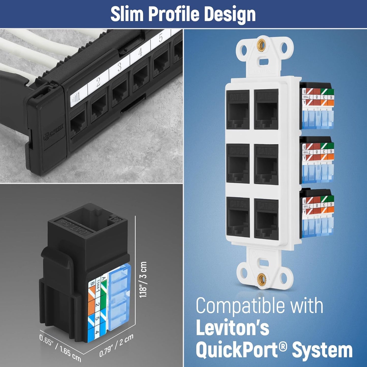 Everest 90° Angled RJ45 Cat5e Keystone Jacks 20-Pack in Black - Slim Profile Female RJ45 Connectors - Cat 5e Keystone Jack - Compatible with 90° Angled Speed Termination Tool - easyJACK (B094WB91H3)