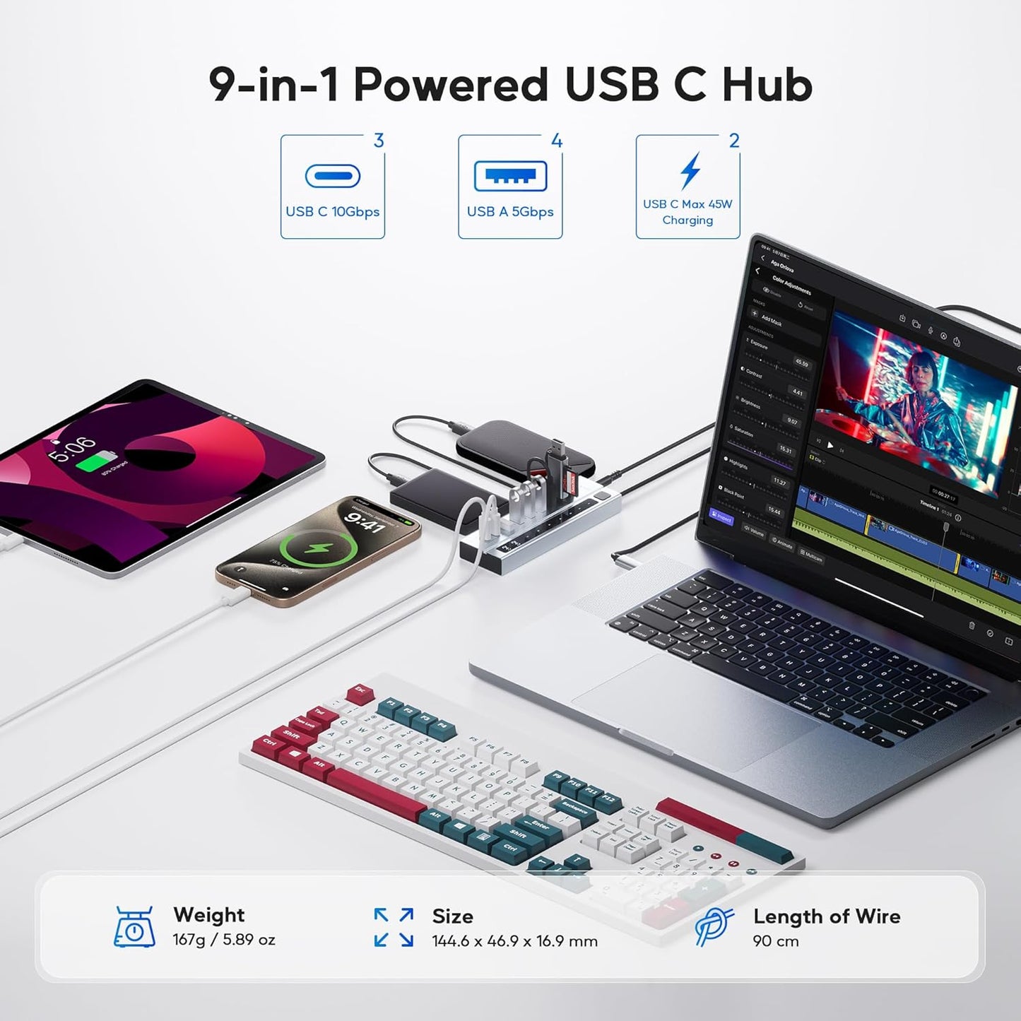 Powered USB C Hub, PULWTOP 9-in-1 USB-Hub suppprt 10Gbps & PD 45W Max Charging(Not Support Video), USB Powered Hub with 3 USB-C, 4 USB-A for Laptop, MacBook, iPad and More (72W Adapter Included)
