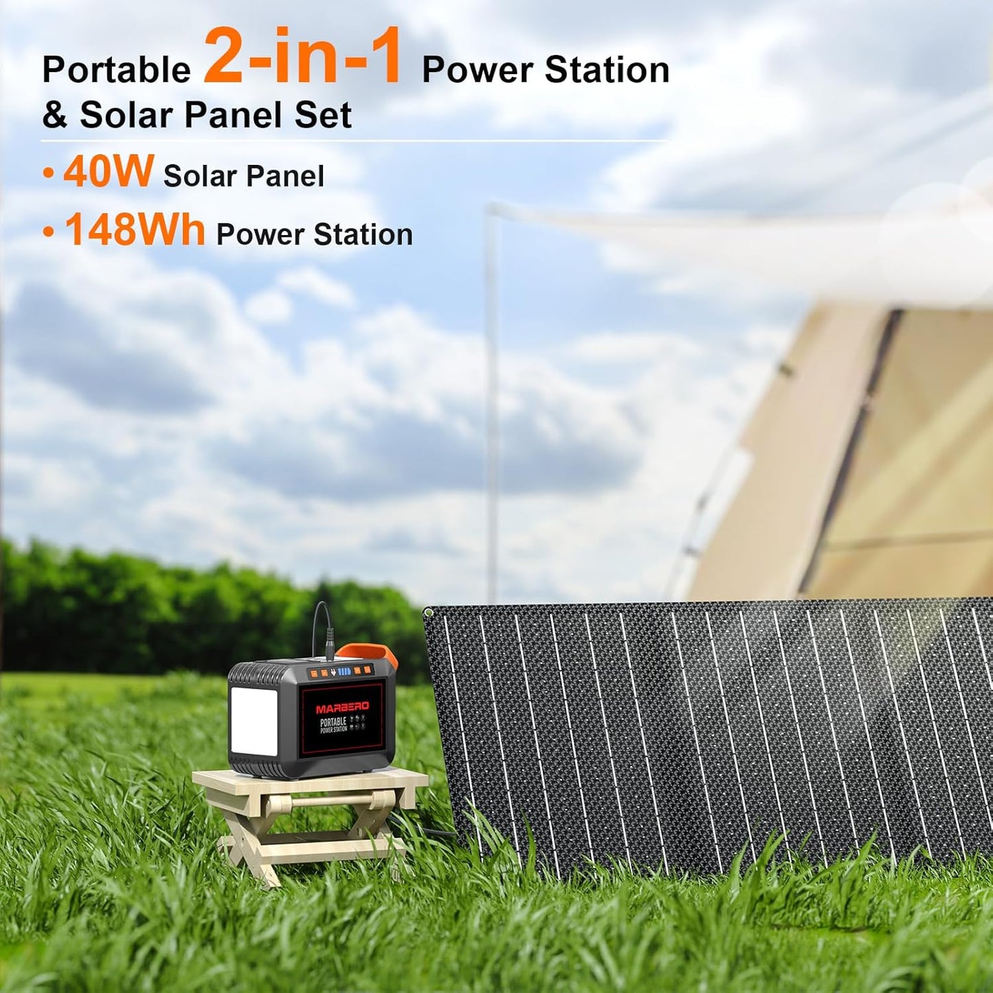 MARBERO 148Wh Solar Generator with Solar Panel Included Portable Power Station 200W with Foldable Solar Panel 40W Set for Camping Outdoor Hiking Fishing Emergency