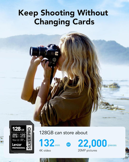 Lexar 128GB (2-PK) Professional SILVER PRO SD Card, UHS-II, C10, U3, V60, Full HD, 4K, Up To 280MB/s Read SDXC Memory Card, for Professional Photographer, Videographer, Enthusiast (LSDSIPR128G-B2NNU)