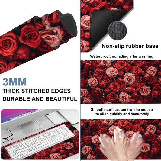 Beautiful Natural Roses Gaming Mouse Pad 3mm Thick Stitched Edge Waterproof Non-slip Large Computer Keyboard Mouse Mat,Suitable for Office Entertainment Decorative Desk Pad 35.4 x 15.7 Inches