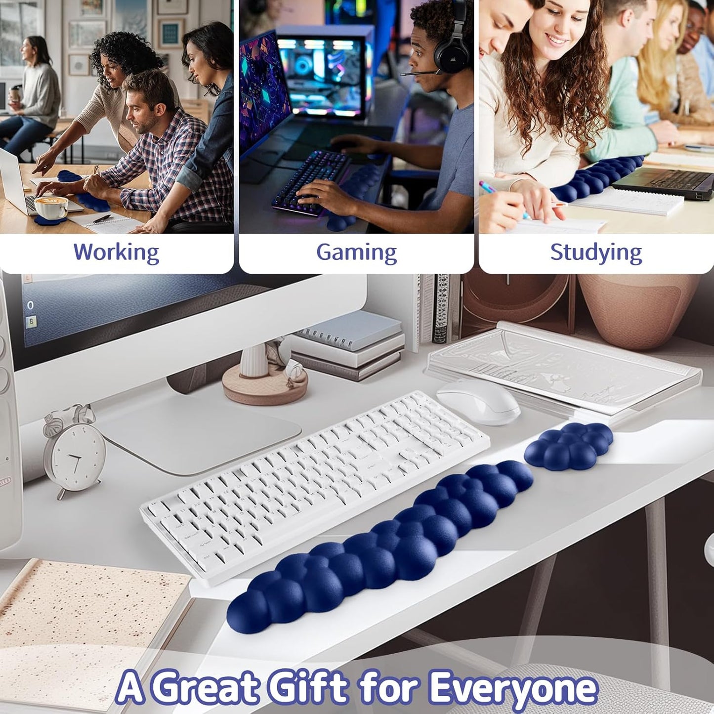 Cloud Wrist Rest for Keyboard and Mouse, Memory Foam PU Leather Keyboard Wrist Rest with Ergonomic Support, Non-Slip Base, Cute Arm Rest Pad & Palm Cushion, Office Desk Accessory, Dark Blue