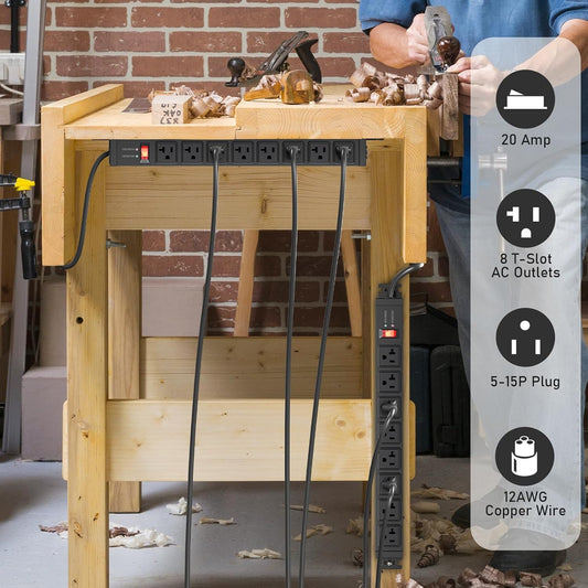 JUNNUJ 20 Amp Power Strip Surge Protector 4800J, Heavy Duty 8 Outlet Metal Multi Angle Mount, 20A Garage Power Strip Shop 6-20R T-Slot, 5-15P Plug 12 Gauge Extension Cord 6ft for Appliance