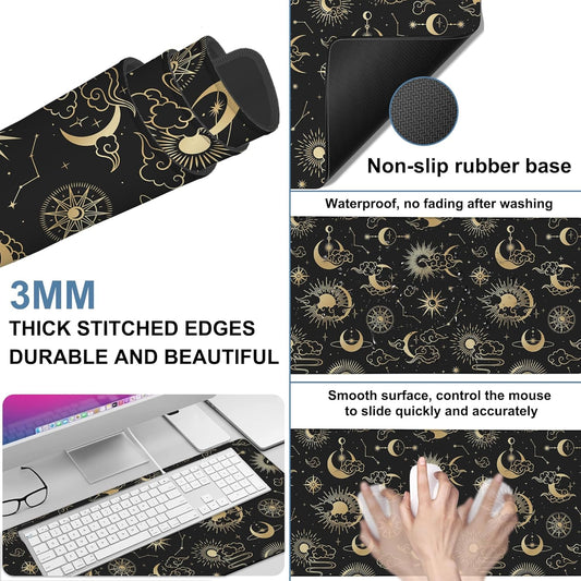 Gaming Desk Pad Large Extra Length Clouds, Moon and Sun Mouse Pad Keyboard Laptop Non-Slip Waterproof with Rubber Base Thick Stitched Edge Mouse Mat for Office Home 35.4 x 15.7 Inches