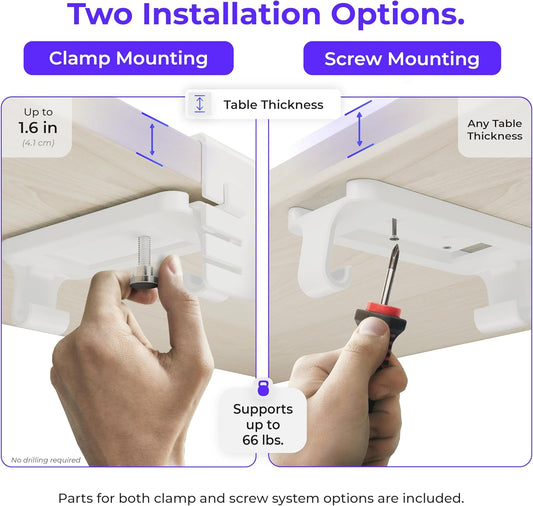 Ascrono Original No Drill Under Desk Cable Management Tray 14.1" - Premium White Fabric Cable Management Under Desk - Clamp/Screw Mount Cord Organizer - Supports Upto 66lbs