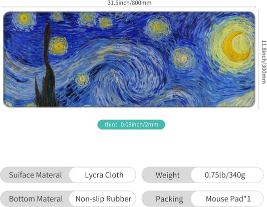Dynippy Thin Extended Gaming Mouse Pad (31.5 * 11.8 * 0.08 inch) with Stitched Edges Large Mousepad Long XXL Keyboard and Mouse pad Desk Mat for Gaming Office & Home - The Starry Night