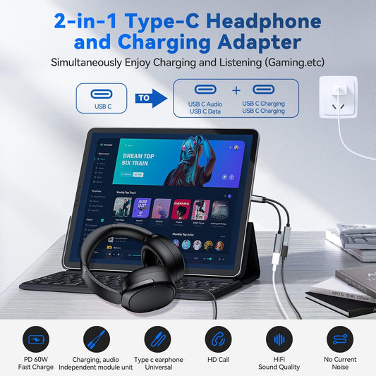 USB C Headphone Splitter,CCZ CA01 USB C to Type C Headphone Jack and Charger Adapter, 1 in 2 Out Dongle Hi-Res DAC Audio Cable with PD 60W Fast Charging for Samsung Galaxy S25 S24 S23 S22 (USBC-USBC)