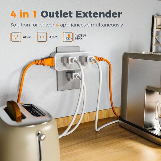 Outlet Extender Surge Protector, TESSAN Multi Wall Plug with 4 AC Electrical Outlets, 3 Sided Multiple Plug Expander, 1875W Max, Power Splitter 3 Prong Adapter for Home Bathroom Office Dorm Room