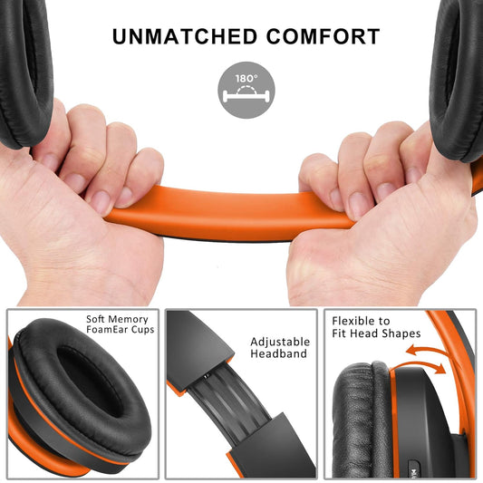 ZIHNIC Bluetooth Headphones Over-Ear, Foldable Wireless and Wired Stereo Headset Micro SD/TF, FM for Cell Phone,PC,Soft Earmuffs &Light Weight for Prolonged Wearing(Black/Orange)