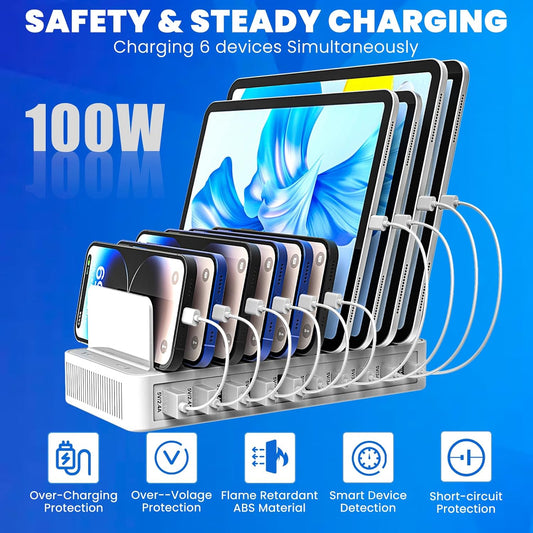 Charging Station for Multiple Devices, 100W 10 Ports Flat Plug Charging Dock with 10 Cables Smart IC Tech and Adjustable Dividers Type-C,Multi USB Charger for iPhone Galaxy iPad Tablet,White