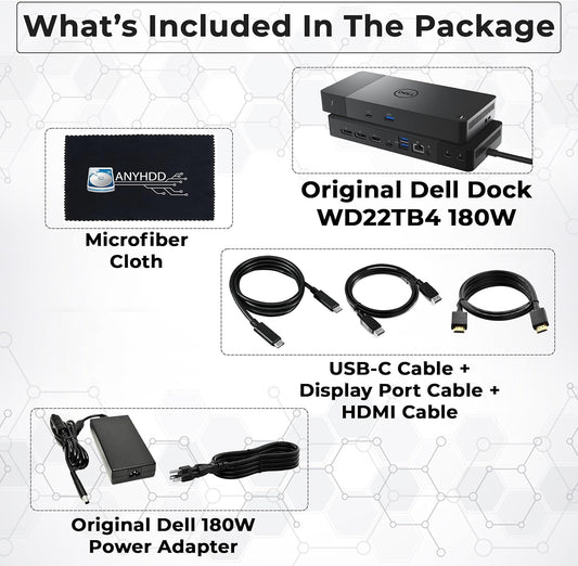 WD22TB4 Dell Docking Station Thunderbolt 4 Dock, 180W AC Adapter, HDMI Cable, DisplayPort Cable, USB-C Cable, Dell Docking Station (Renewed)