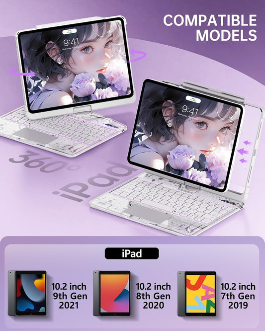 Intermerge for iPad 9th 10.2 inch Keyboard Case, 360° Transparent Multi-Touch Trackpad, 7-Color Backlit Keyboard, Pencil Holder, Type-C, Power Indicator for 9th/ 8th/ 7th - Frost Pulse