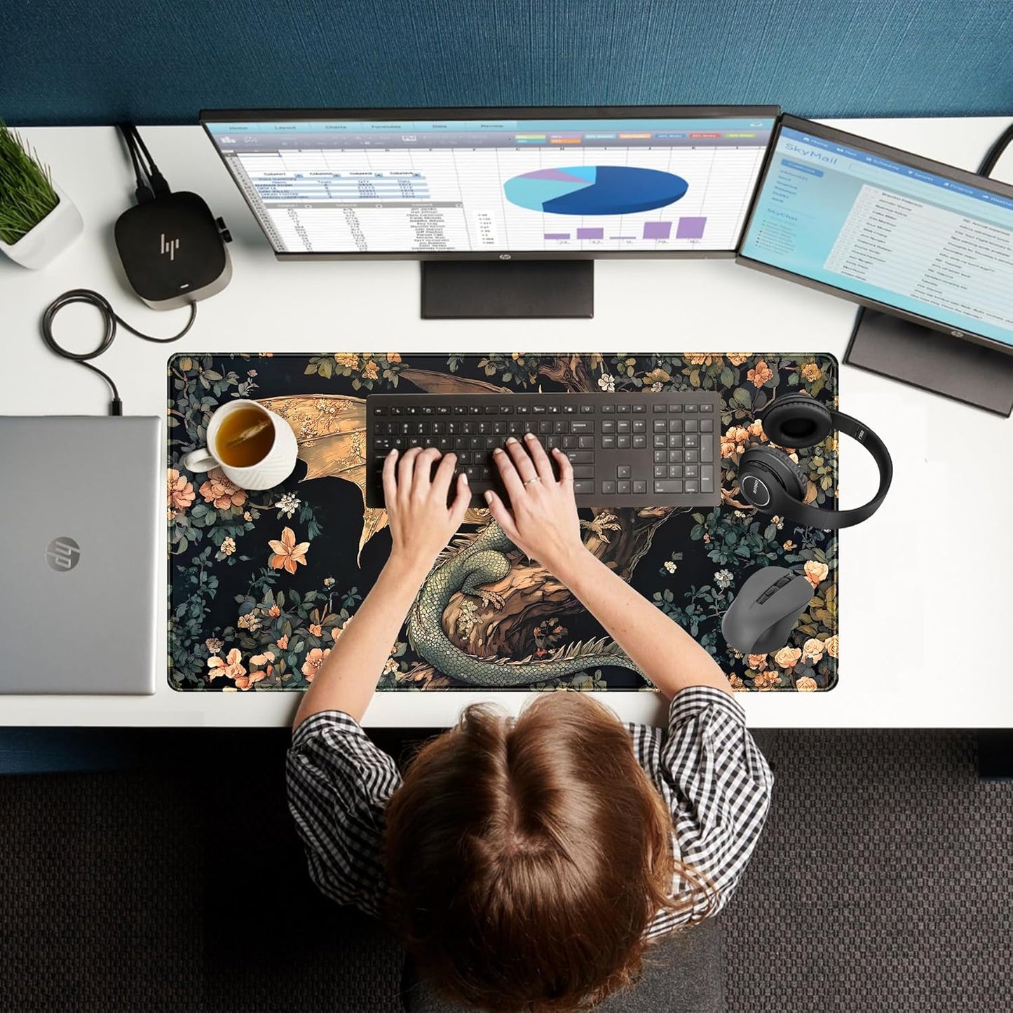 Desk Mat Cute Enchanted Forest Dragon Kawaii Mouse Pad XXL Large Extended Vintage Academia Anime Desk Pad, Cozy Computer Playmat Laptop Keyboard and Mouse Mat with Stitched Edges, 31.5x15.7 in