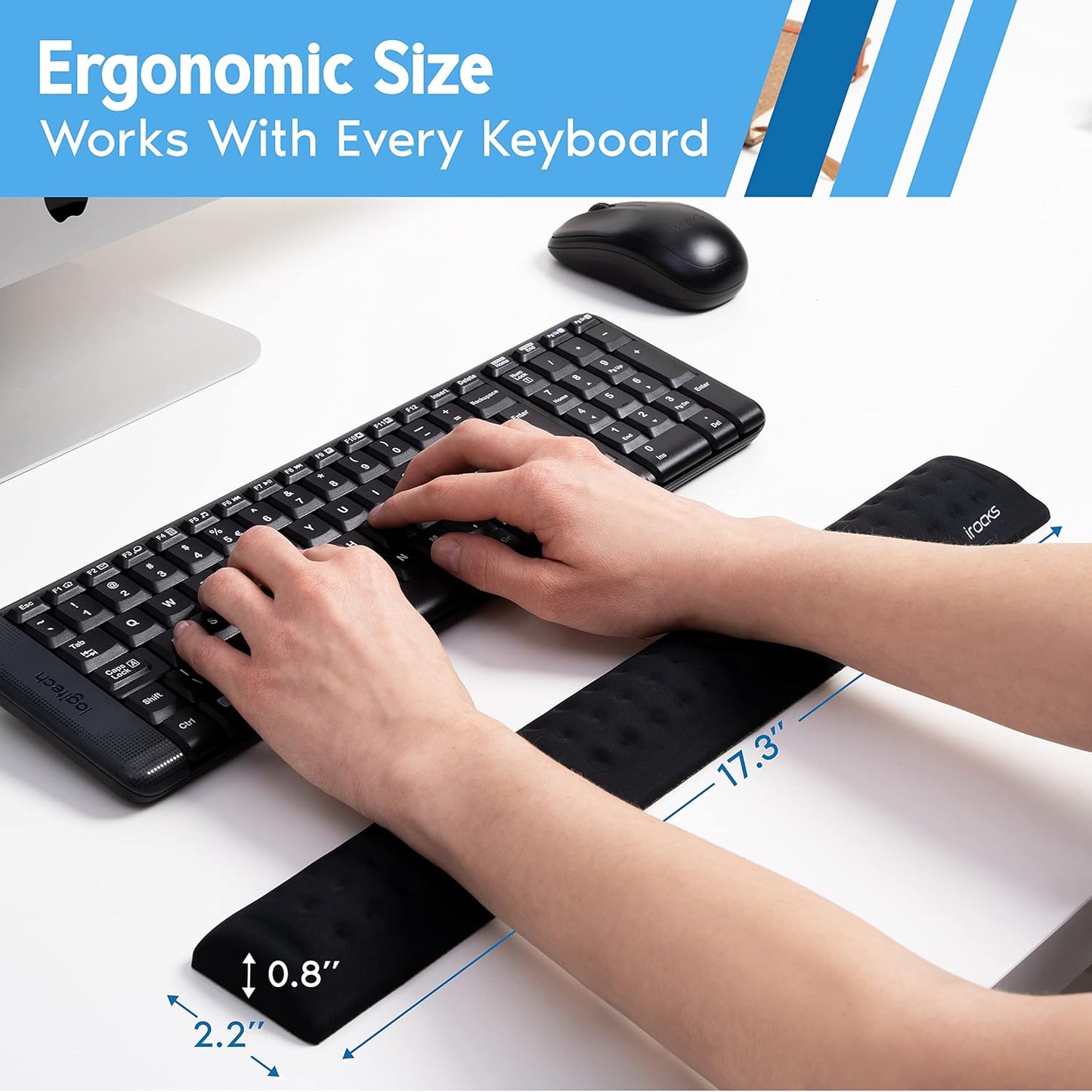 i-Rocks Memory Foam Keyboard Wrist Rest - Pain-Reducing, Non-Slip Rubber Base Wrists Rest Support - Cooling Ergonomic Laptop & Computer Keyboard Pad for Long Hours of Work, Studying, Gaming - Black