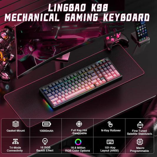 LINGBAO K98 Wireless Mechanical Gaming Keyboard, Tri-Mode BT5.0/2.4GHz/USB-C, Creamy Keyboard with Number Pad, Hot Swappable Gasket Custom Linear Switches RGB Backlit Keyboards for Win/Mac/PC/Laptop