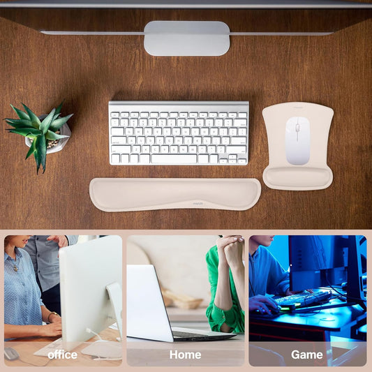 MOSISO Wrist Rest Support for Mouse Pad & Keyboard Set, Ergonomic Mousepad Non-Slip Base Home/Office Pain Relief & Easy Typing Cushion with Neoprene Cloth & Raised Memory Foam, Apricot