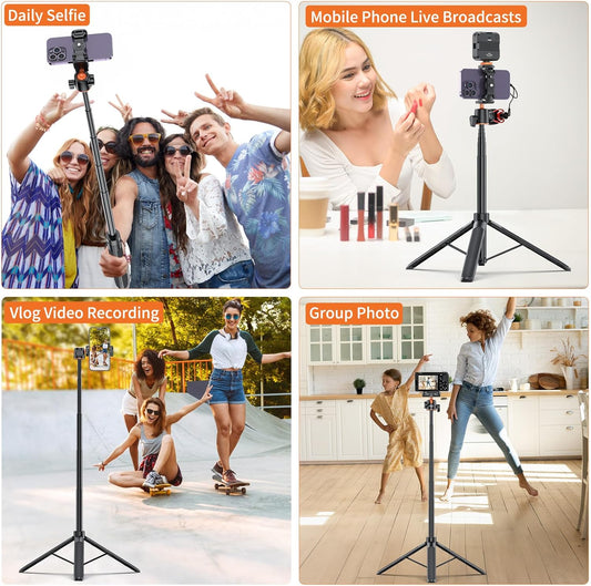 VRIG TP16 Camera Tripod, 55 inch Extendable Phone Selfie Stick Camera Tripod Stand with 2 in 1 Phone Clip, 5 Levels Adjustment 360° Ball Head Loads Up for Pocket 3 Insta360 X5 iPhone Sony Canon