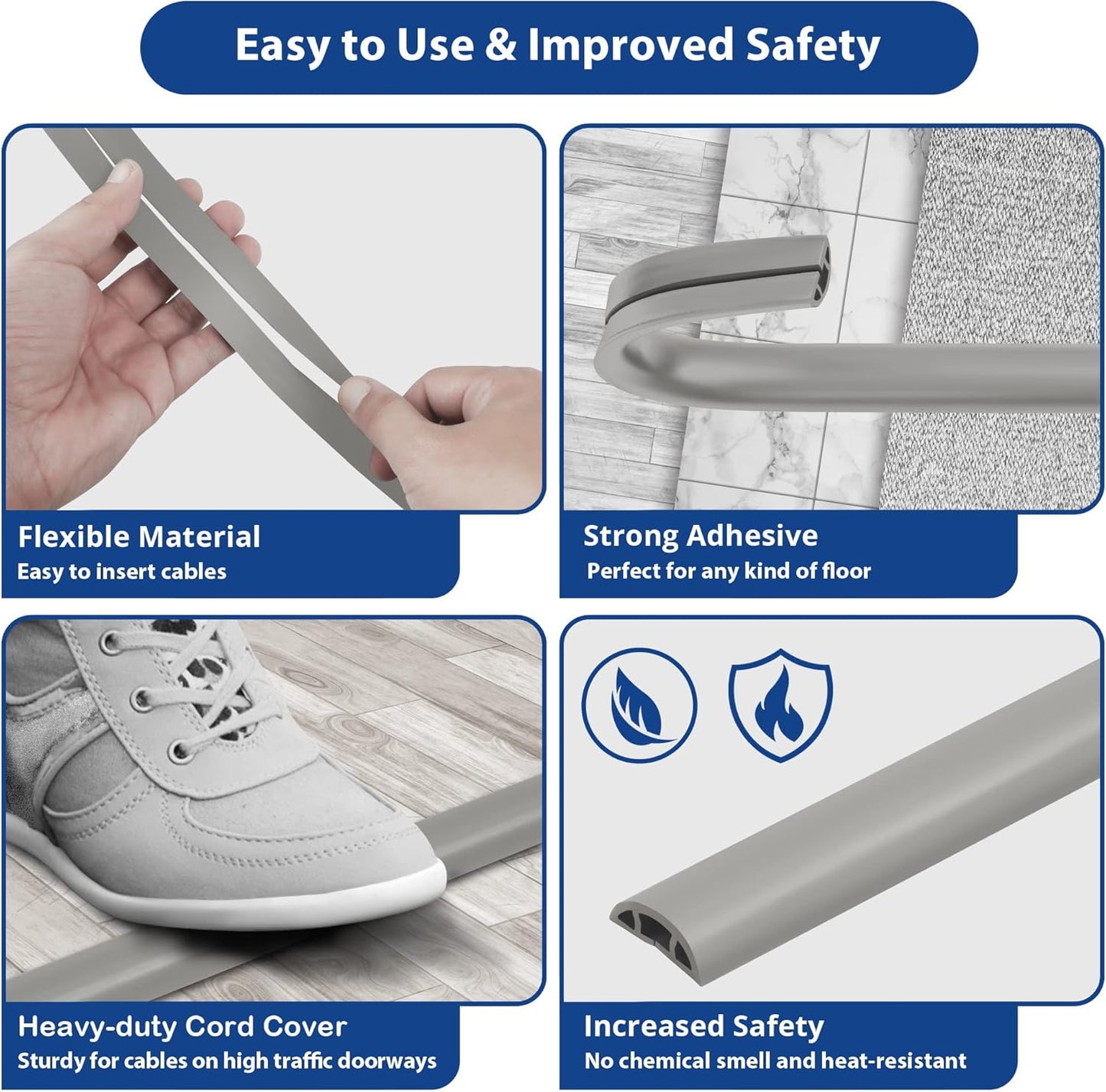 ZhiYo Floor Cord Cover 4ft, Cord Hider Floor Gray, Cable Management Cover Prevent Cable Trips, Wire Covers for Electric Power Cords, Wire Protector Cavity W0.47 x H0.28