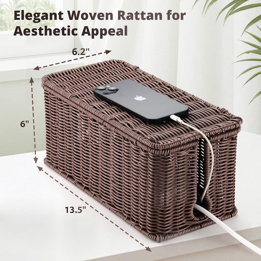 Large Cable Management Box, Handwoven Imitation Rattan Cord Organizer Cord Hider Box, Desk Cord Management Box to Hide Cords and Power Strips, Dark Brown