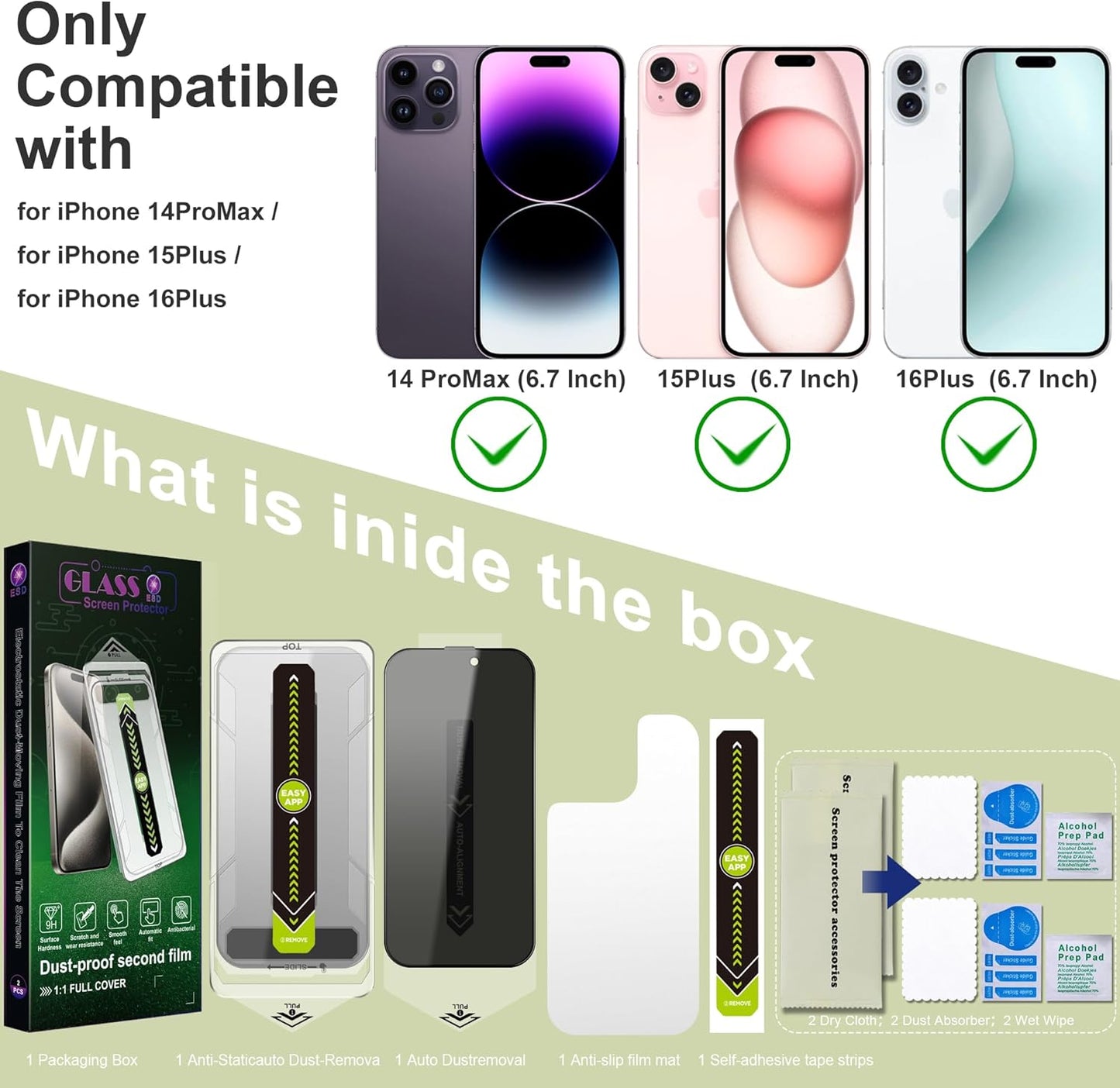 (2-Pack Anti-Spy Privacy Screen Protector for iPhone 14 Pro Max/15 Plus/16 Plus(6.7-Inch),9H Tempered Glass,Full Coverage,Anti-Fingerprint,Auto Dust Removal,Bubble-Free,Easy Installation