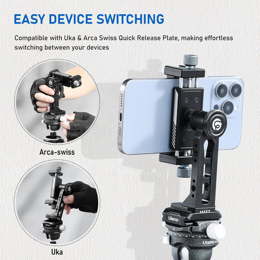 Ulanzi MA53 Metal Tripod Phone Mount, Smartphone Tripods Adapter with Arca Swiss/Uka Port, 2 Cold Shoe, 360° Cellphone Tripod Mount, for iPhone 17 Samsung Holder for Photo Video Vlogging Rig