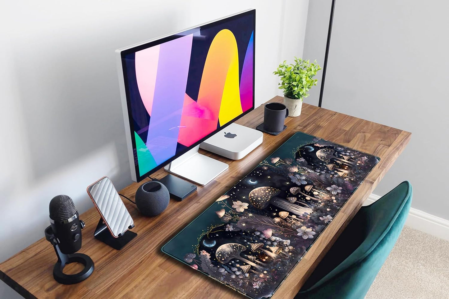 Cute Dark Mushroom Moon Night Mouse Pad XL Extended Gaming Mat with Stitched Edges, Computer Laptop Keyboard and Mouse Mat for Women Office Desk Decor, 31.5x11.8 in