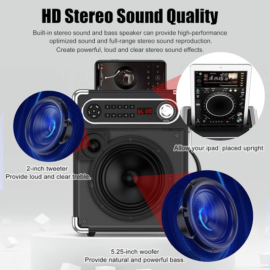 Bluetooth Speaker with Two Wireless Microphones, Outdoor Speaker with Subwoofer/Tweeter, Portable PA Speaker System with Remote Control, Discol Lights, FM, REC for Home, Party