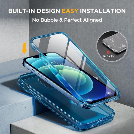 Miracase Glass Series for iPhone 12/12 Pro Case 6.1 inch, Upgraded Full-Body Rugged Phone Bumper Case Cover with Built-in 9H Tempered Glass Screen Protector and Camera Protector, Glitter Blue