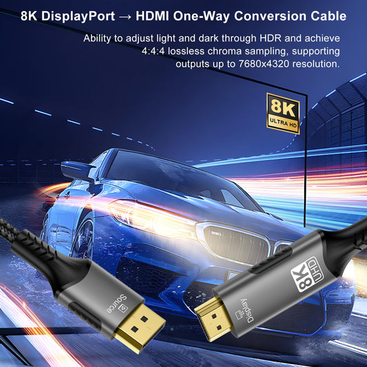 FDBRO 8K DisplayPort to HDMI Cable Active 8K@60Hz 4K@120Hz 32.4Gbps, Uni-Directional, DP 1.4 to HDMI 2.1 Cord Support HDR/HDCP 2.2/DSC 1.2 for Gaming Monitor, TV, PC (Gray & Black, 2M (6.6FT))