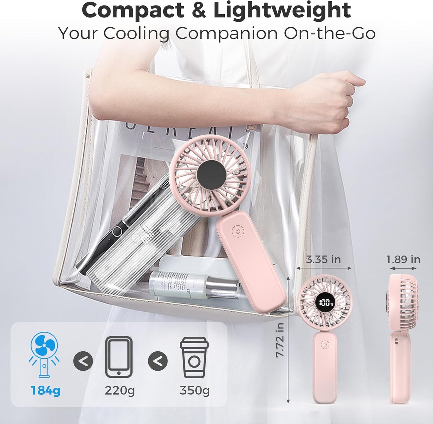 Portable Handheld Fan, 5000mAh Rechargeable Battery, Max 15H Cooling, 4 Speeds, LED Display, Foldable Design, 3-IN-1 Personal Pocket Fan with lanyard for Travel Outdoors Makeup Concert Commute
