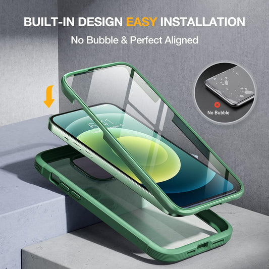 Miracase Glass Series for iPhone 12/12 Pro Case 6.1 inch, Upgraded Full-Body Rugged Phone Bumper Case Cover with Built-in 9H Tempered Glass Screen Protector and Camera Protector, Green