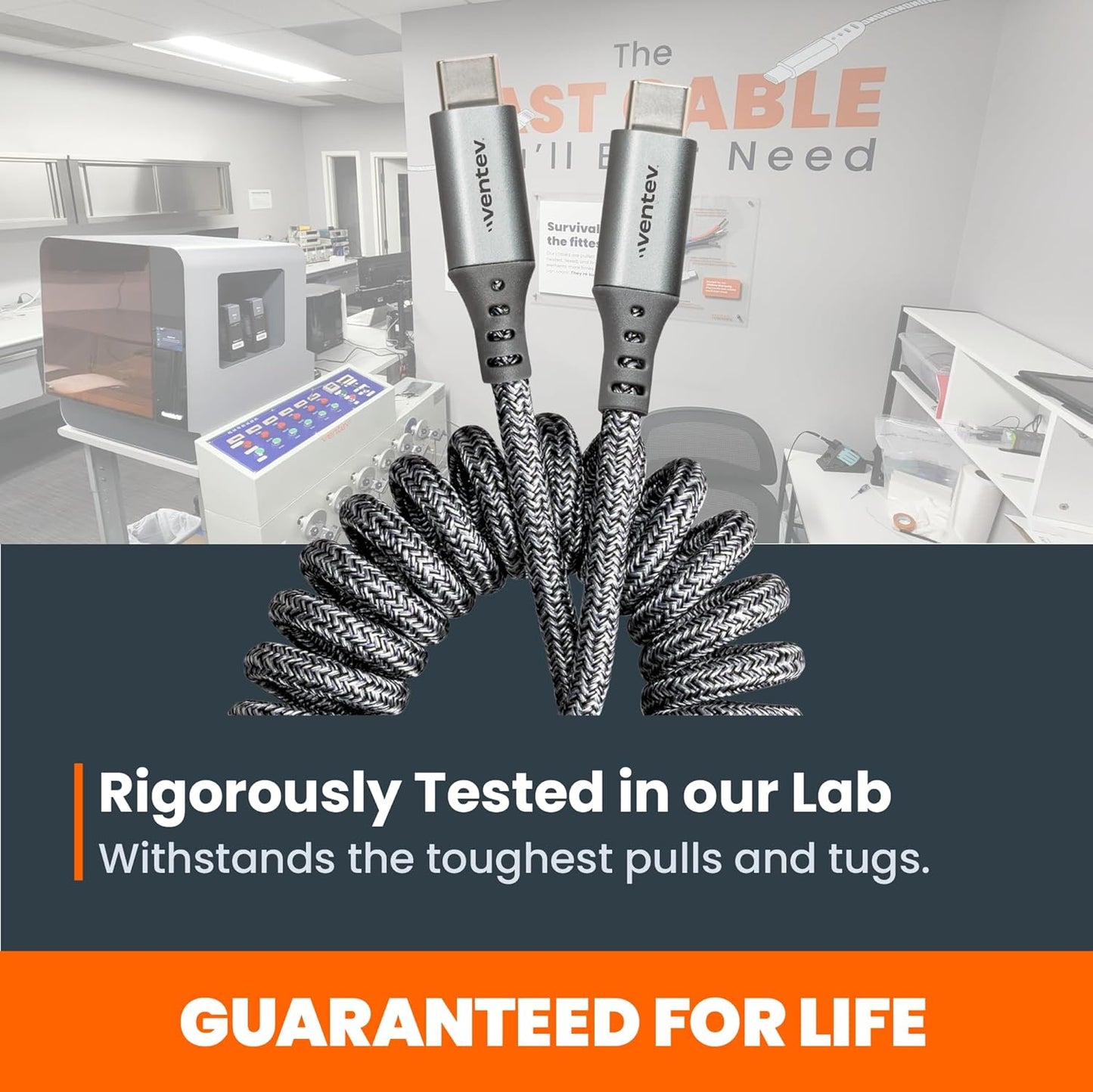 Ventev Helix 3ft Expandable USB C to USB C Cable | Fast Charging Cable for iPhone 16/16 Pro/15, MacBook, iPad Pro, Pixel 9, Samsung S25 | No Tangle Cord for Fast Charger, Crafted for The Car, Gray