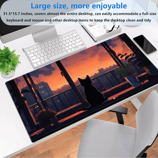 Lofi Aesthetic Desk Mat Cat Mouse pad Cute Orange Anime Mouse Pad Extra XL Large Gaming Mousepad for Desk 31.5''X15.7'' Laptop Computer Keyboard and Mouse Mat for Desk Decoration