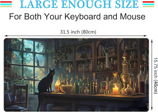Cute Kawaii Cat Desk Mat XXL Large Gaming Mouse Pad Anime Cats Desk Pad, Vintage Computer Mat for Women Office Desk Decor Pad Gamer Gift, Laptop Keyboard Mouse Mat with Stitched Edges 31.5x15.75 in