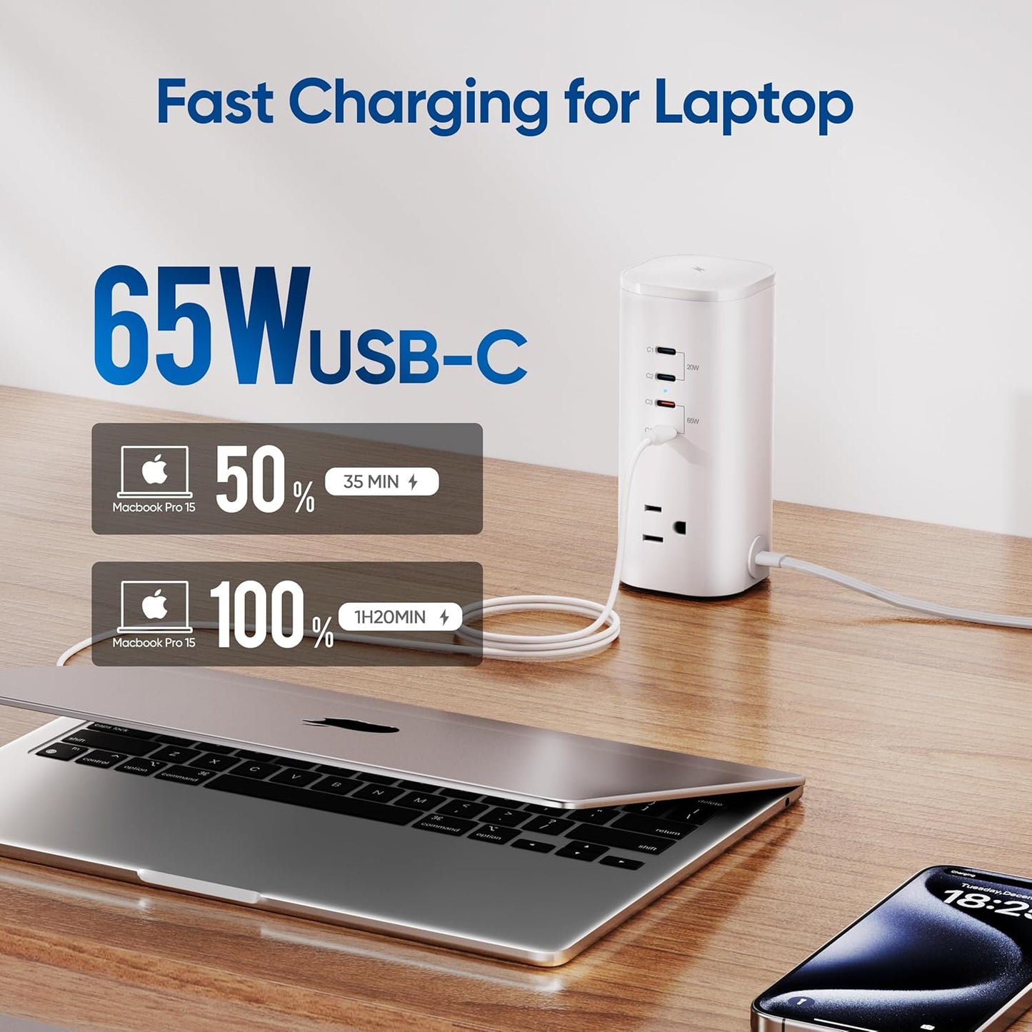 Power Strip Tower Surge Protector, TenTrend Flat Plug Extension Cord with 3AC Outlets & 8 USB Ports(4 USB-C), 115W Fast Charging Station for Home, Office Supplies, Dorm Room