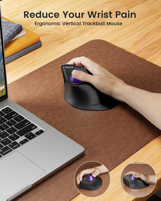 ProtoArc Vertical Wireless Trackball Mouse, EM05 NL Bluetooth Ergonomic Rollerball Mouse Rechargeable Computer Laptop Thumb Mice, 3 Device Connection, Compatible with iPad, Mac, Windows, PC-Purple