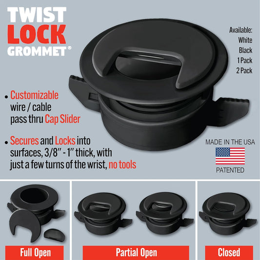 (2-Pack Black) Cable, Wire & Cord Management - Self Locking Grommet with Cover for Walls, Ceilings, Desks, Used for All Surfaces 3/8” to 1” Thick, Made in USA