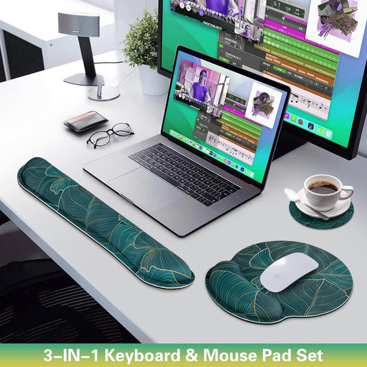 Mouse Pad with Wrist Rest Set, 3-in-1 Wrist Support Mousepad Set, Gaming Mat Pad with Anti-Skid Base,Ergonomic Mouse Pad Green,Memory Foam Gel Wrist Rest for Computer Keyboard
