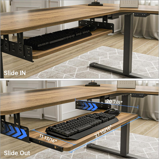 EUREKA ERGONOMIC Adjustable Keyboard Tray Under Desk, 28x11 Inch Large Slide Out Keyboard & Mouse Platform Tray, Wooden Pull Out Computer Keyboard Drawer for Typing Home Office Desk, Walnut