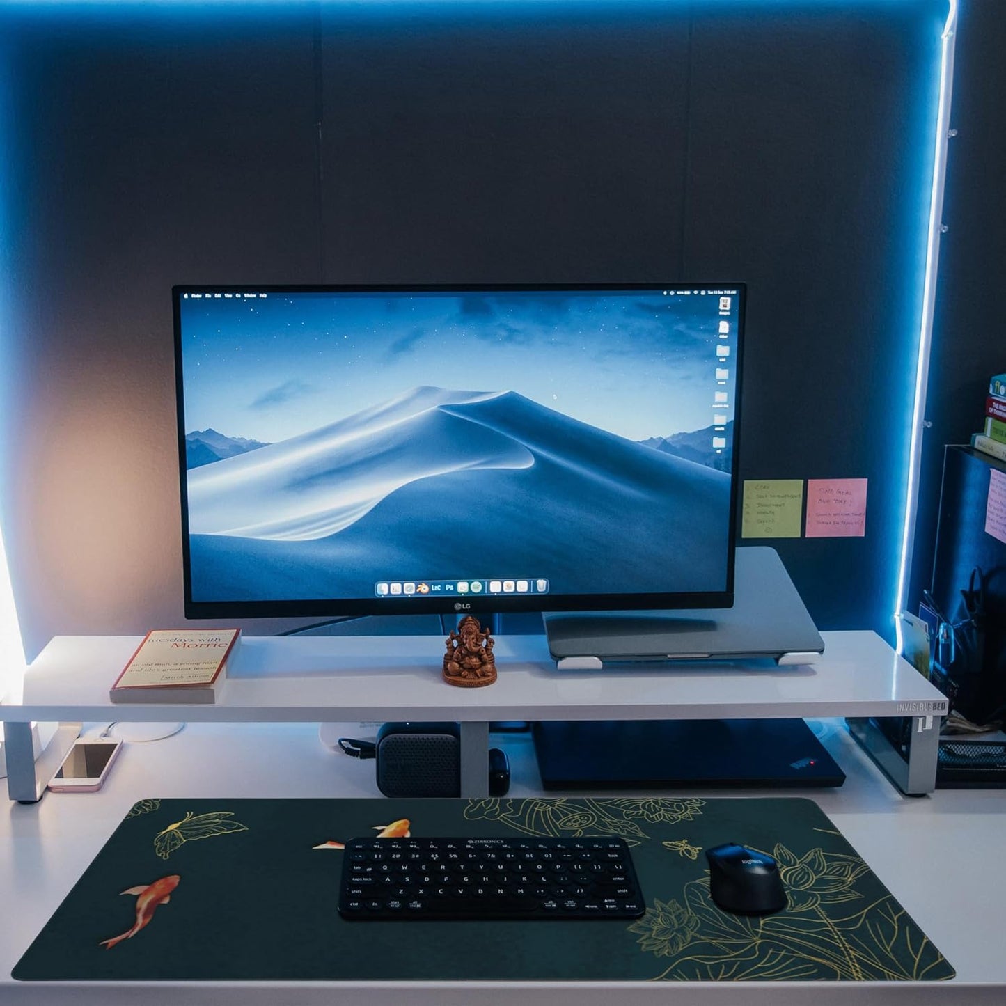 Large Gaming Mouse Pad, Koi Fish Ink Painting Desk Mat, Golden Line Lotus Desk Pad, Extended Big Computer Keyboard Mouse Pad with Non-Slip Base and Stitched Edge, 35.4"x15.7"