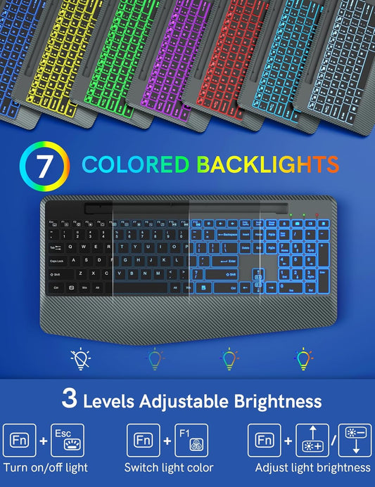 Wireless Keyboard with 7 Colored Backlit, Wrist Rest, Phone Holder, Rechargeable Ergonomic Computer Keyboard with Silent Key, Full Size Lighted Keyboard for Windows, MacBook, PC, Laptop (Gray)