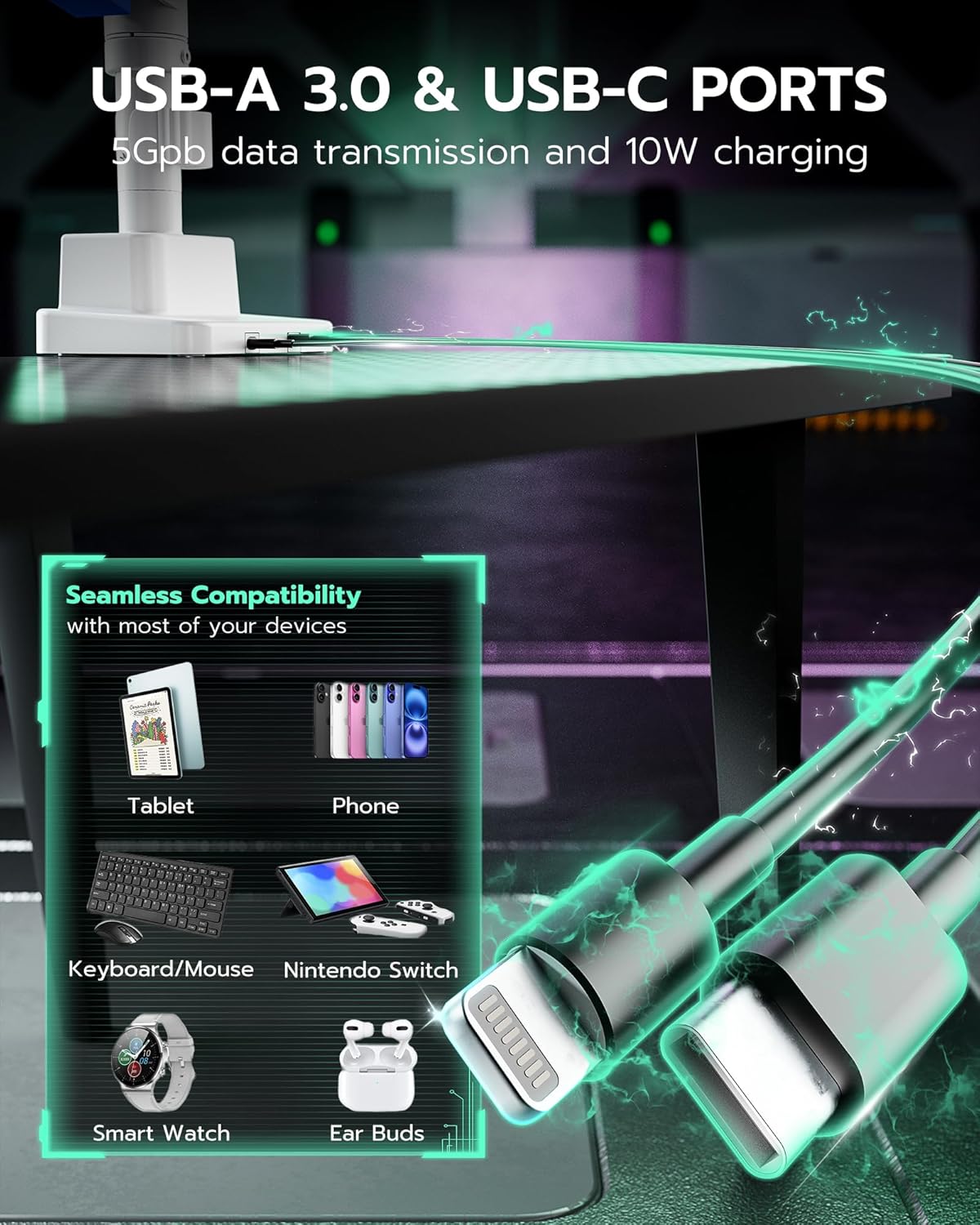 ARES WING Dual Monitor Mount, Adjustable Stacked Monitor Stand with USB A/C, Heavy Duty Gas Spring Monitor Desk Stand for 2 Monitors for 24-57 Inch Ultrawide Screen, 75/100/200 Vesa Mount, White