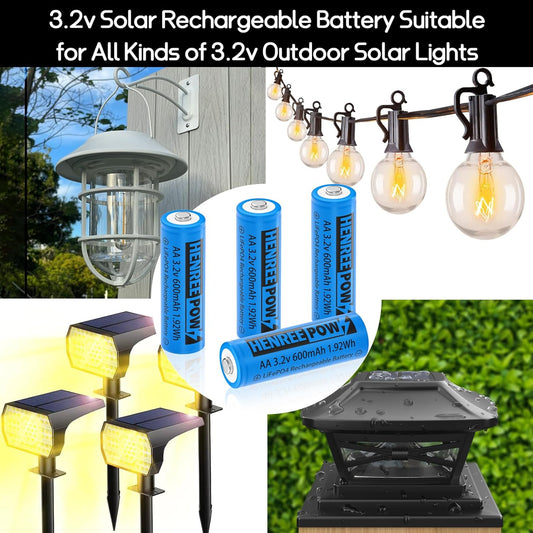 Henreepow AA 3.2v Solar Rechargeable Batteries, LiFePo4 Double A 600mAh 3.2v 1.92wh Solar Battery, 3.2v Rechargeable Batteries for Solar Lights, Wall Lantern, Solar Post Lights(AA-3.2v-6pack)
