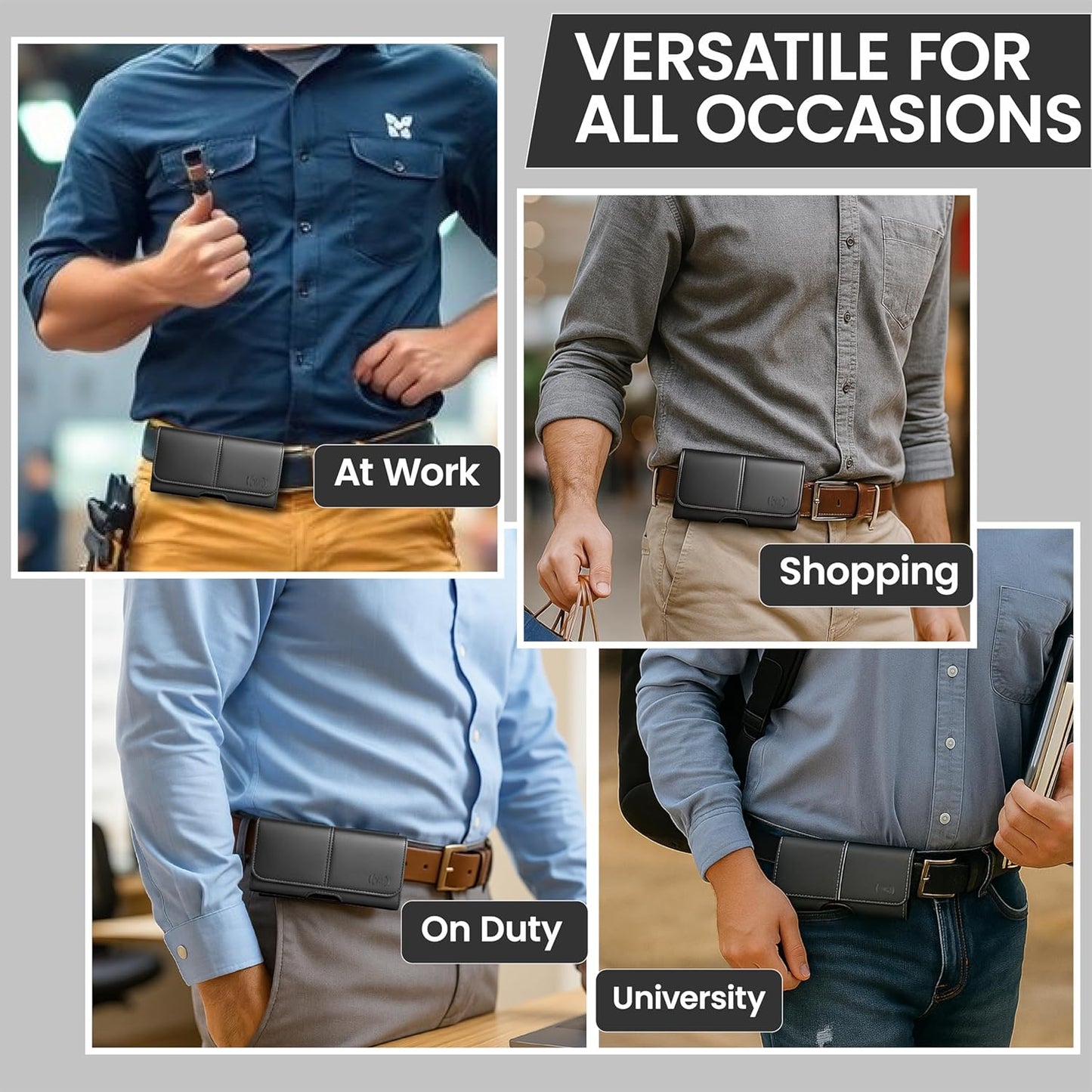 Leather Phone Holster for Men, Horizontal Cell Phone Case, Fits iPhone 17/17 Pro 16/16 Pro 16e 15/15 Pro 14/14 Pro 13/13 Pro 12/12 Pro 11 XR, Belt Clip Phone Pouch Holder, Black Medium.