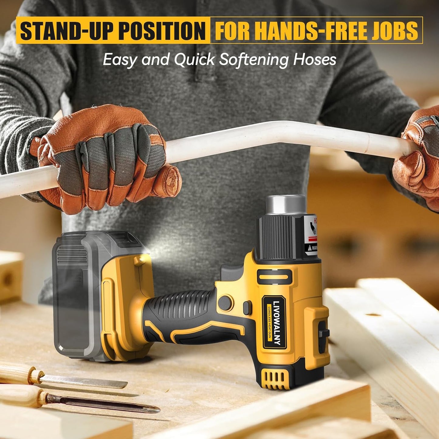 LIVOWALNY Cordless Heat Gun Compatible with Dewalt 20v Battery, 350W Fast Heating Soldering Hot Air Gun 122℉-1022℉ Variable Temperature Control with 5 Nozzles for DIY Craft, Shrink Tubing (No Battery)